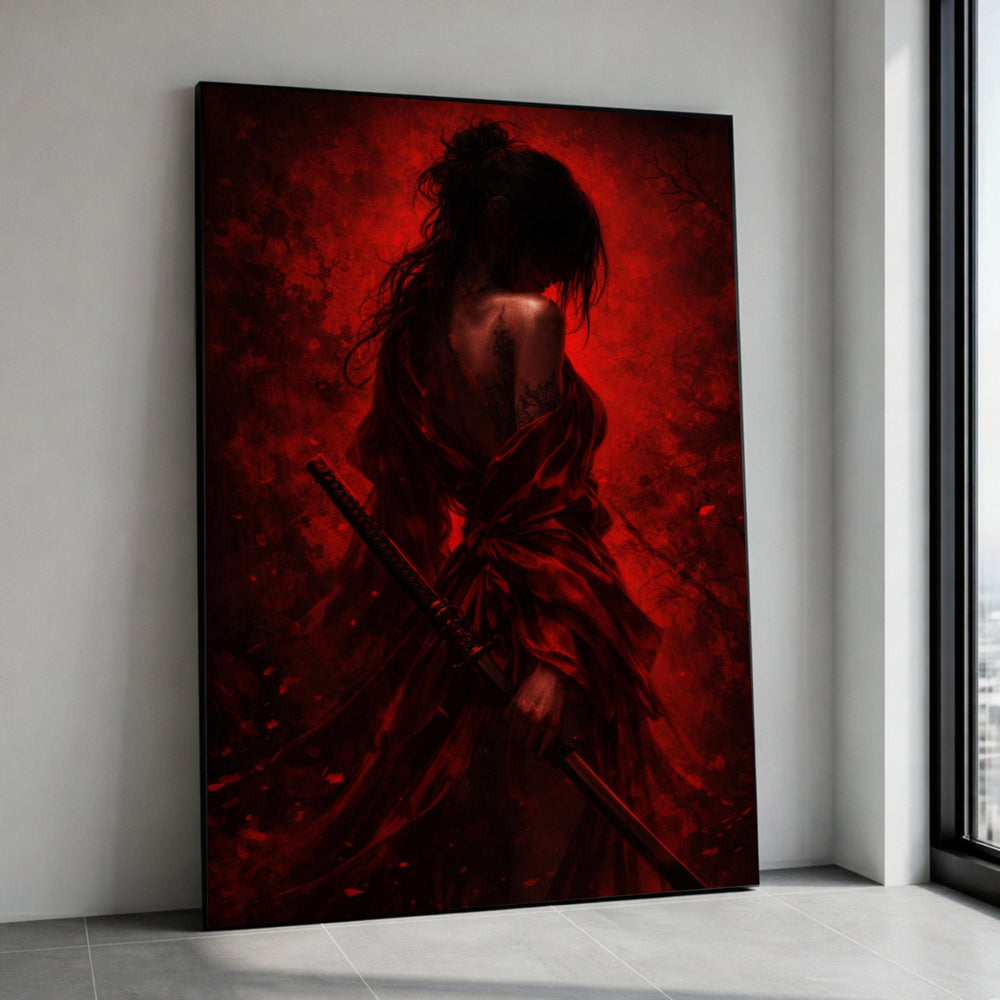 Mysterious Samurai Woman Canvas Art, Red Kimono Warrior Portrait, Tattooed Female Print