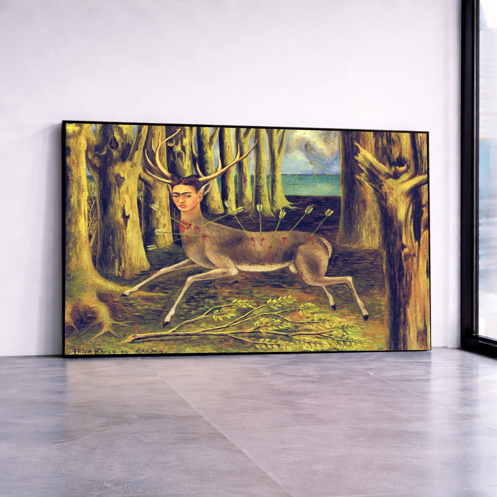 Surreal Deer with Human Face Canvas, Frida Kahlo Wall Art, Mystical Forest Scene, Unique Abstract Canvas, Modern Home Canvas Print Art