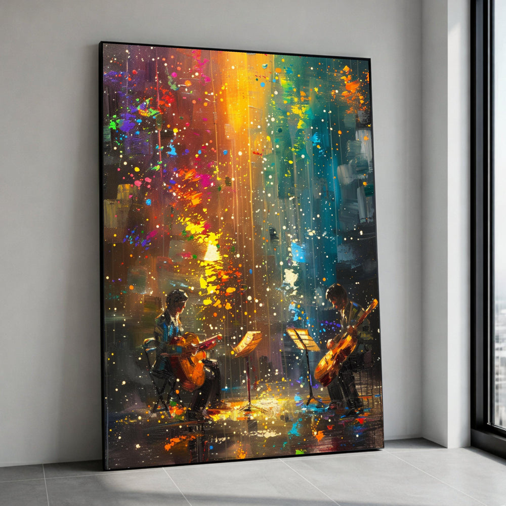 Vibrant City Night Guitar Duo Abstract Canvas, Colorful Music Wall Art Print