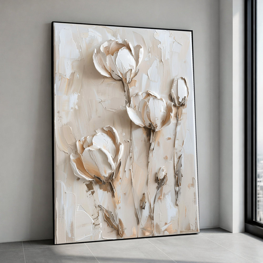 Textured Floral Canvas Art, Beige Botanical Painting, Elegant Home Decor Print