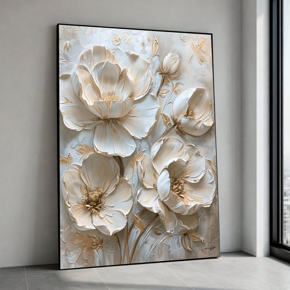 Textured White Gold Floral Canvas Art, Botanical Wall Decor Painting