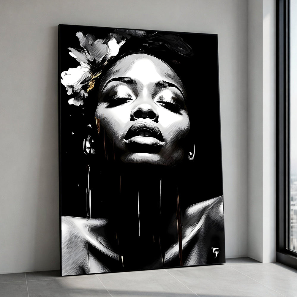 Black and White Woman Portrait Canvas, Floral Headpiece Wall Art, Modern Abstract Print