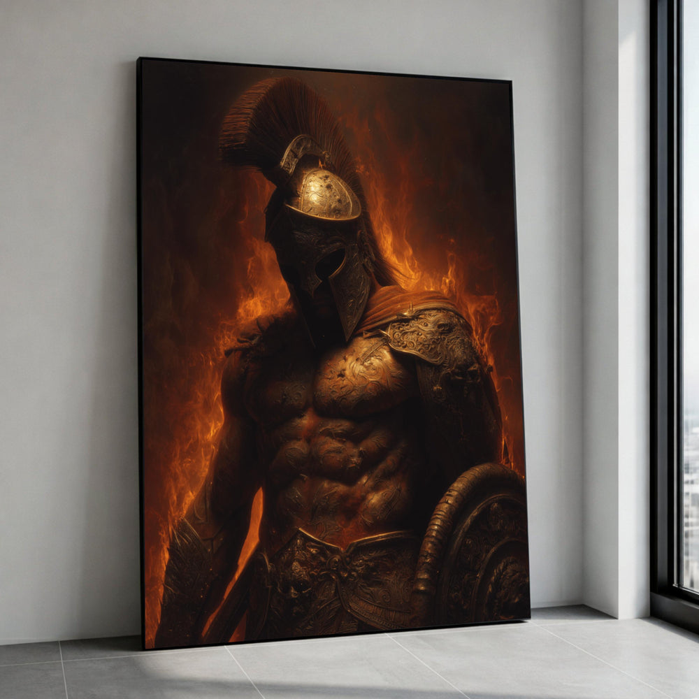 Fierce Spartan Warrior Canvas Art, Ancient Gladiator Armor, Mythical Fire Background, Warrior Home Decor