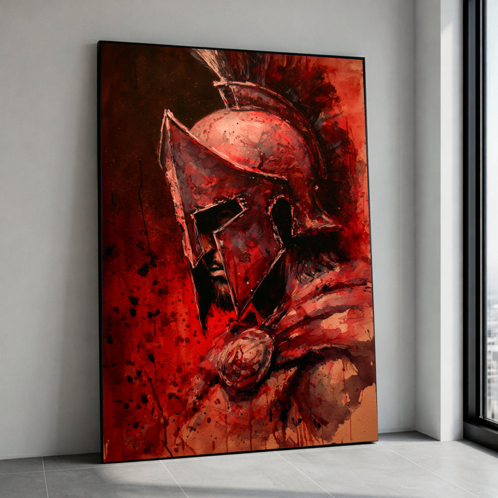 Spartan Warrior Helmet Canvas Wall Art, Ancient Warrior Painting, Red Warrior Art, Mythical Armor Illustration, Heroic Wall Canvas Print Art
