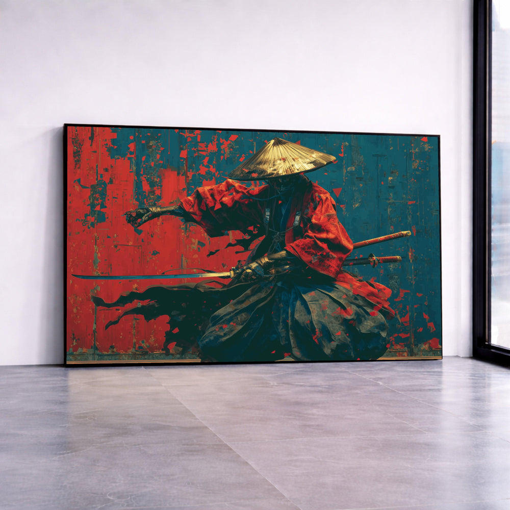 Dynamic Samurai Warrior Canvas, Japanese Katana Art, Red Kimono Wall Decor, Traditional Asian Fighter Painting, Action Pose Canvas Print Art