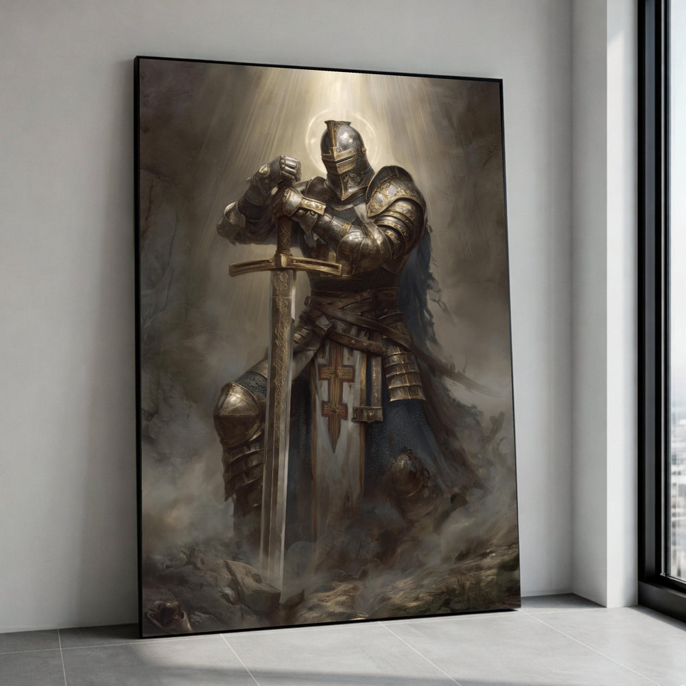Medieval Knight Prayer Warrior Canvas Art, Gothic Fantasy Armor Print