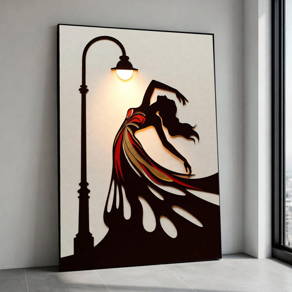 Elegant Dancing Woman Silhouette, Street Lamp Canvas, Abstract Dance Art, Contemporary Wall Decor, Colorful Flowing Dress, Canvas Print Art