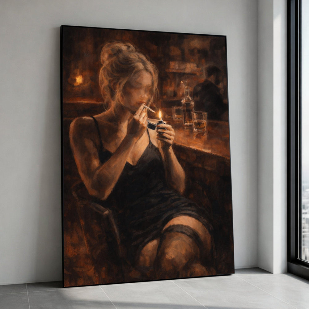 Moody Evening Vibes, Woman Lighting Cigarette Canvas, Bar Scene Wall Art, Dark Night Ambiance Canvas, Contemporary Home Canvas Print Art