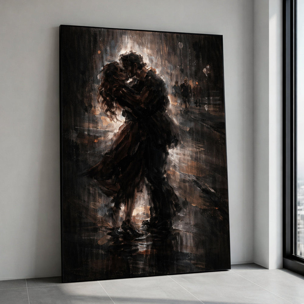 Romantic Couple Embrace, Moody Cityscape Canvas, Kiss in Rain Wall Art, Impressionist Love Painting, Urban Night Scene Canvas Print Art