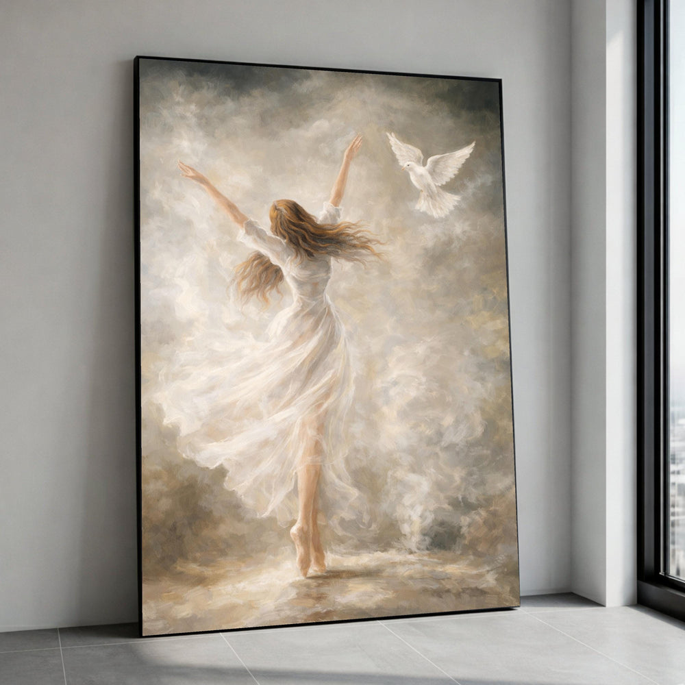 Ethereal Dance with Dove Canvas, Woman in Flowing Dress Wall Art, Soft Light Painting, Inspirational Home Décor Canvas, Canvas Print Art