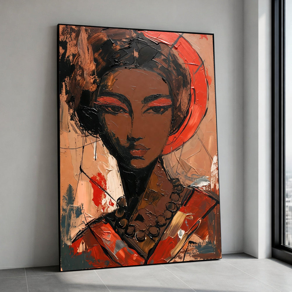 Abstract Ethnic Portrait Canvas, Modern Woman Painting, Bold Red and Brown Wall Art, Face Art, Contemporary Home Decor Canvas Print Art