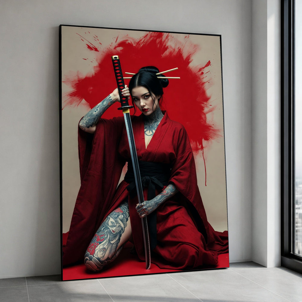 Tattooed Geisha Woman with Katana Sword Canvas, Japanese Warrior Art, Red Kimono Wall Decor, Samurai Canvas, Bold Modern Canvas Print Art
