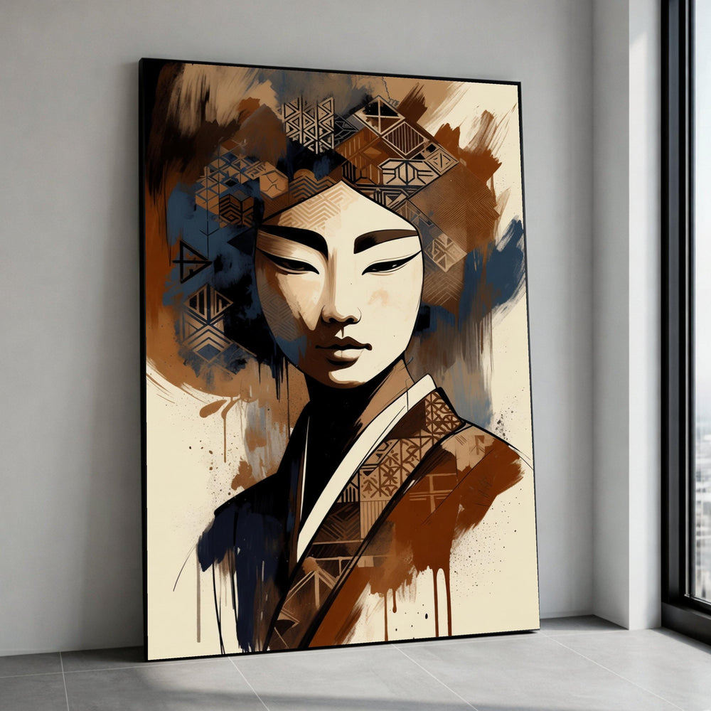 Elegant Asian Woman Portrait Canvas, Modern Ethnic Wall Art, Geometric Pattern Decor, Brown Blue Abstract Canvas, Ready to Canvas Print Art