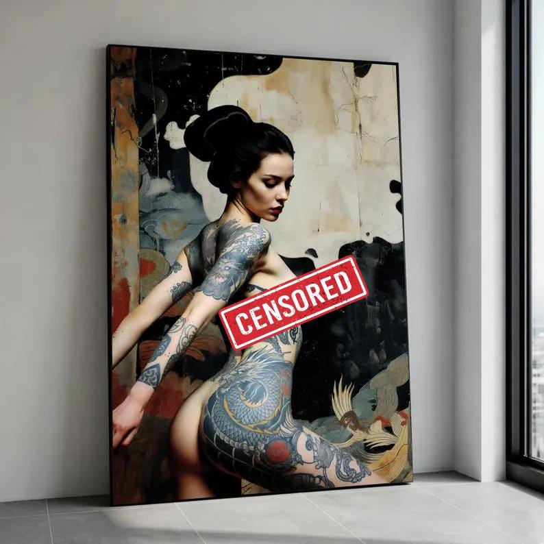 Elegant Tattooed Woman Canvas Art, Japanese Dragon Tattoo Design, Body Art Canvas, Contemporary Nude Wall Art, Modern Home Canvas Print Art