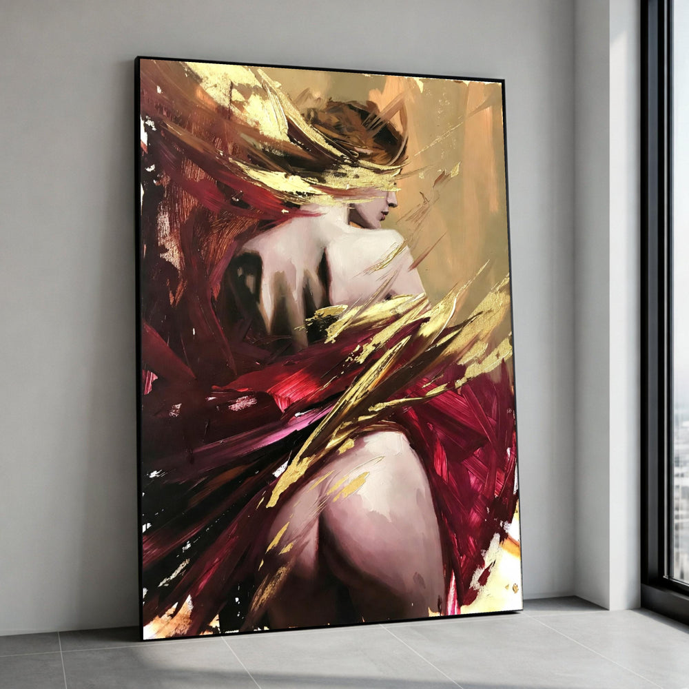 Abstract Nude Female Figure Canvas, Modern Art Wall Decor, Bold Red and Gold Brushstrokes, Contemporary Expressionist Canvas Print Art