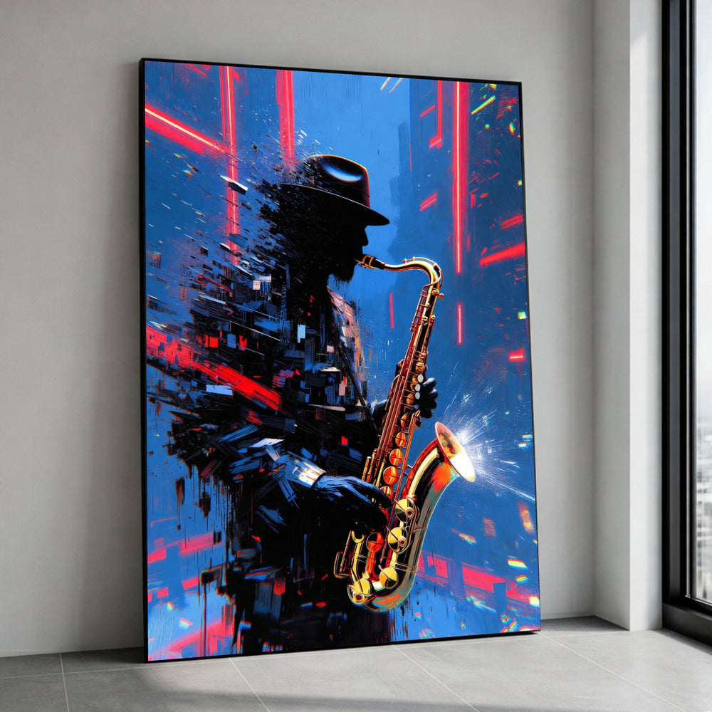 Jazz Musician Silhouette Canvas, Saxophone Player Art, Neon Cityscape Wall Art, Modern Music Decor, Abstract Nightlife Canvas Print Art