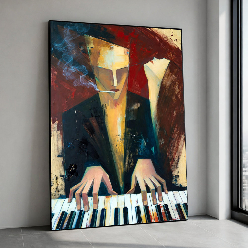 Abstract Jazz Musician Playing Piano Canvas, Smoking Man Wall Art, Modern Expressionist Canvas, Artistic Home Decor, Music Canvas Print Art