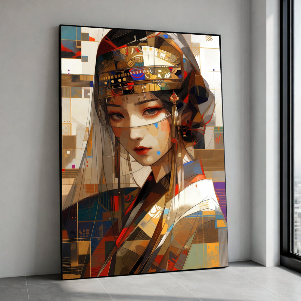Elegantly Adorned Asian Woman Canvas, Modern Ethnic Portrait Art, Geometric Abstract Wall Art, Cultural Decorative Canvas, Canvas Print Art