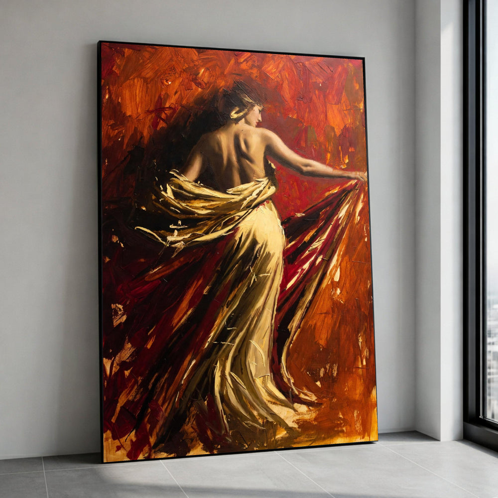 Elegant Woman in Flowing Dress Canvas, Abstract Figurative Wall Art, Modern Artistic Painting, Warm Tones Home Decor, Canvas Print Art