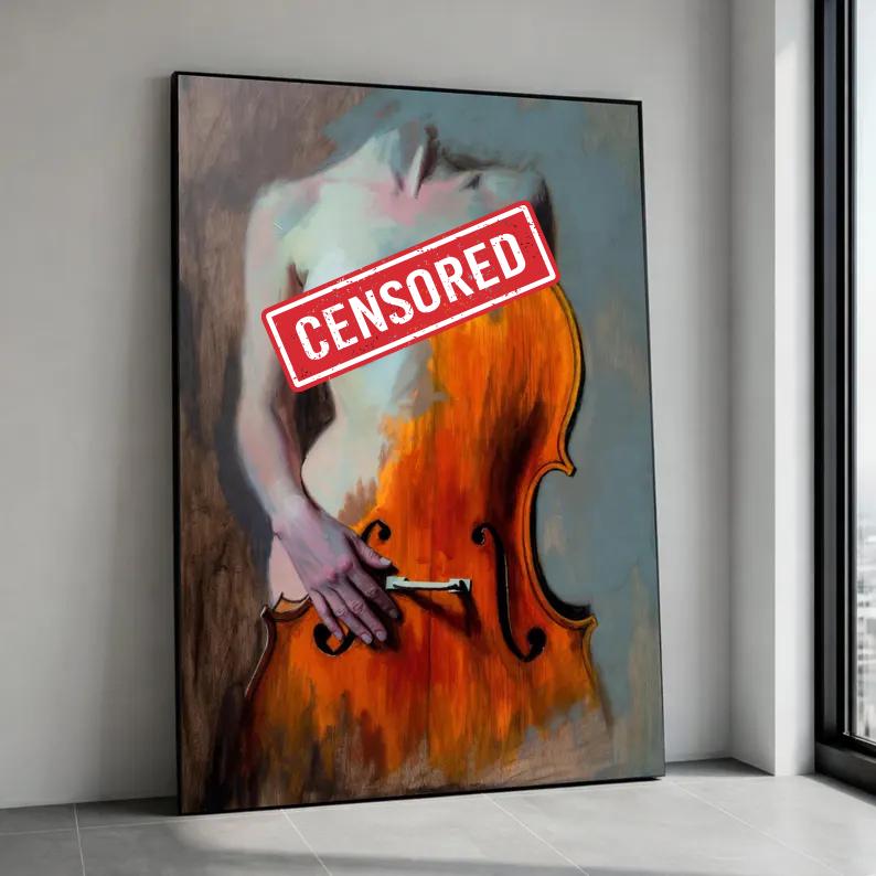 Abstract Nude and Cello Canvas, Modern Figurative Wall Art, Music and Body Harmony Painting, Artistic Home Decor, Ready to Canvas Print Art
