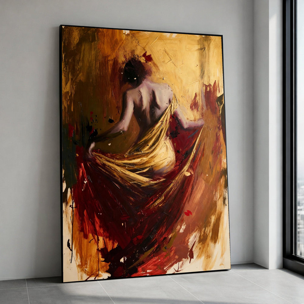 Abstract Nude Woman Canvas Wall Art, Golden Draped Figure Painting, Modern Expressionism Canvas, Bold Artistic Home Decor Canvas Print Art