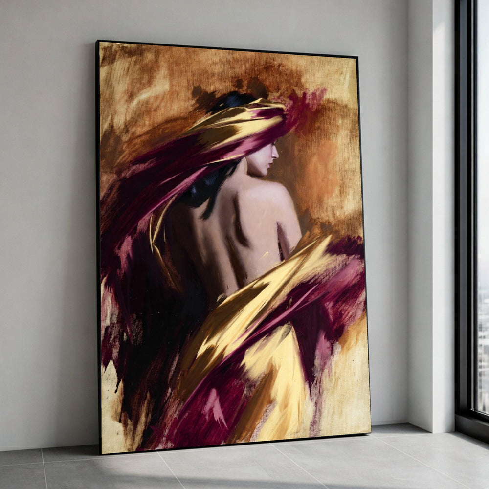 Elegant Female Abstract Nude Canvas, Contemporary Figurative Art, Gold and Burgundy Drapery, Modern Wall Decor, Sensual Canvas Print Art