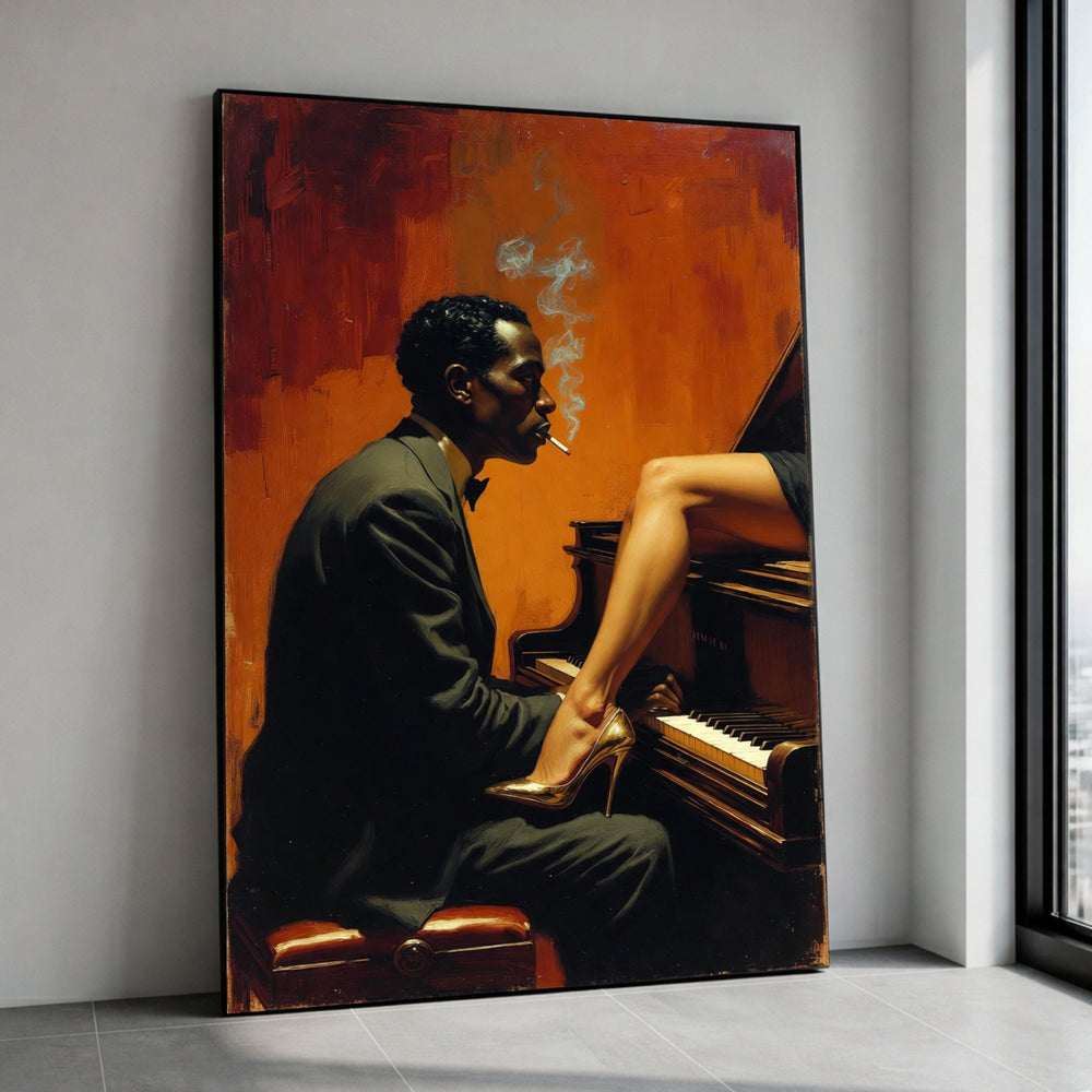 Jazz Musician Playing Piano with Elegant Legs Canvas, Smoking Portrait Wall Art, Vintage Style Home Decor, Musician and Canvas Print Art