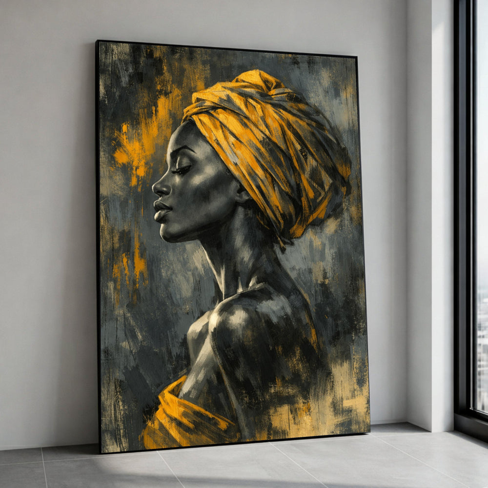 Elegant African Woman Profile Canvas, Yellow Headwrap Art, Black and Gold Wall Art, Modern Portrait Canvas, Feminine Home Canvas Print Art