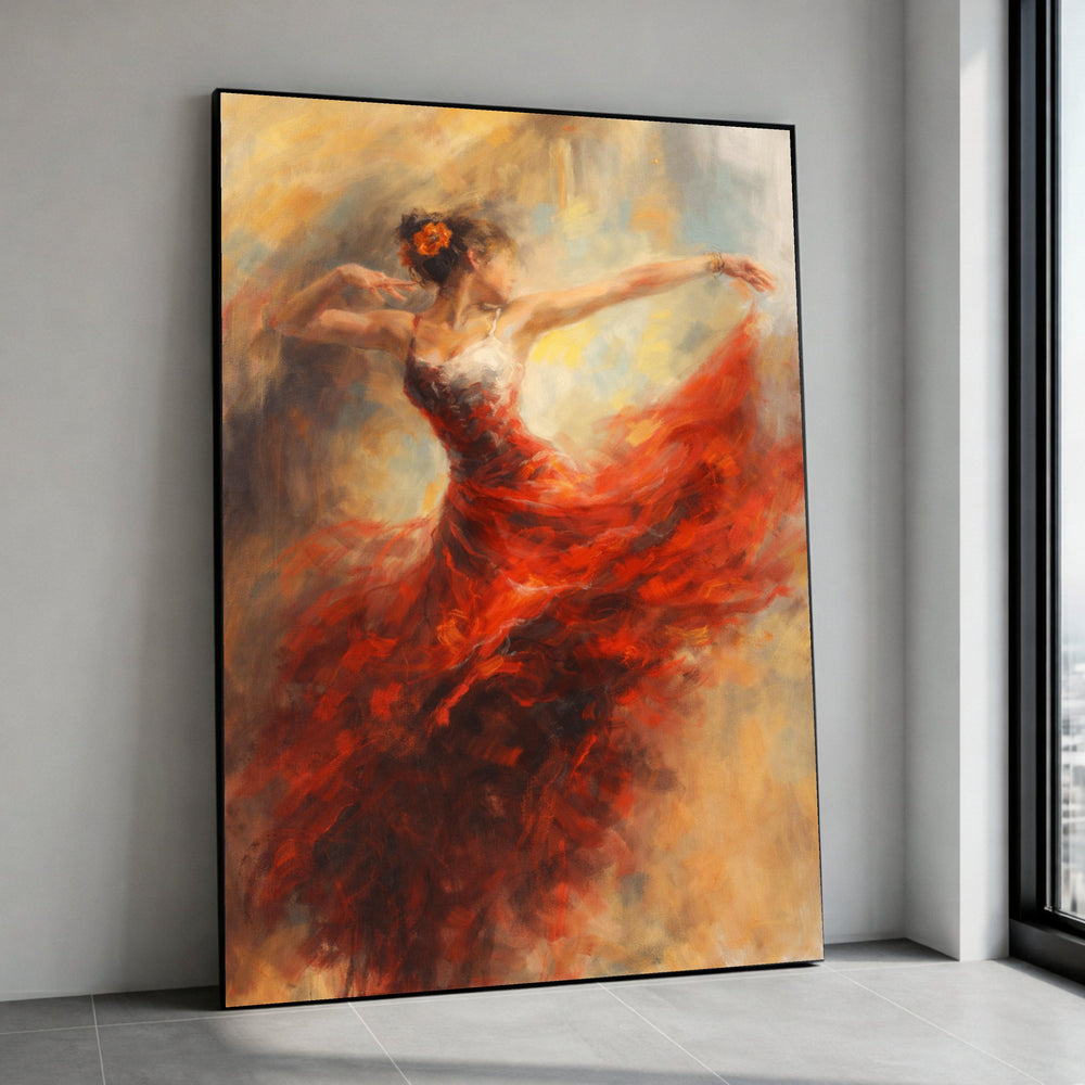Flamenco Dancer in Motion Canvas, Red Dress Dance Wall Art, Expressive Ballet Canvas, Romantic Home Decoration, Fluid Canvas Print Art