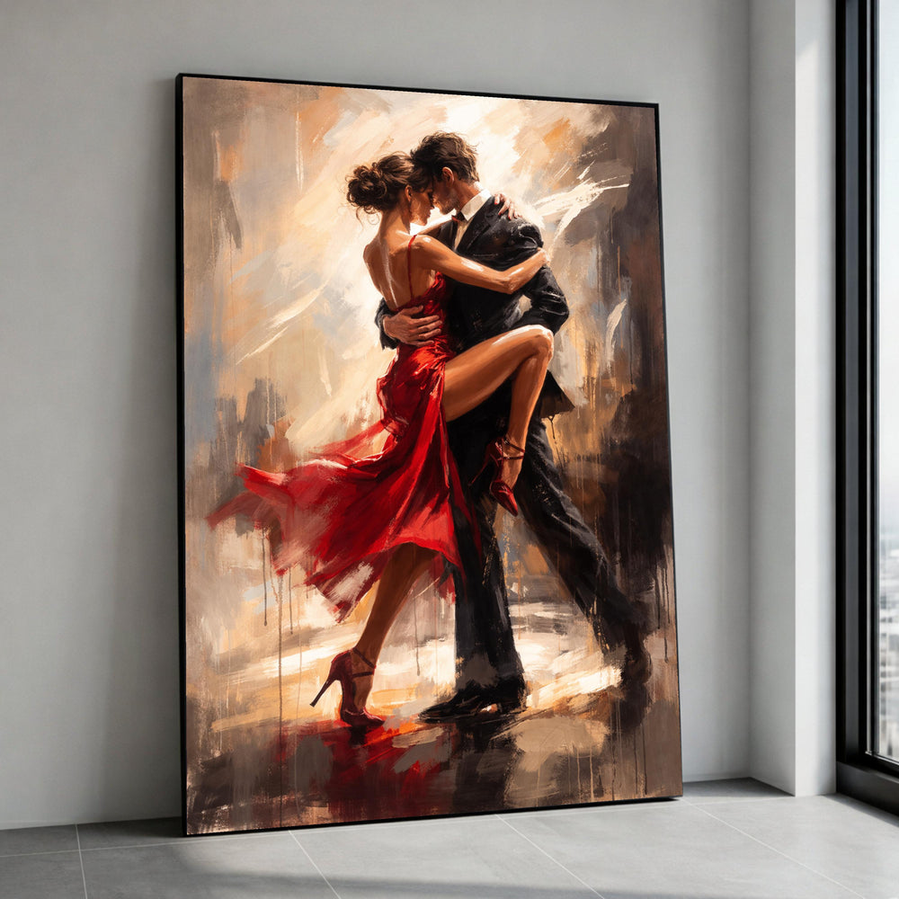 Passionate Tango Dance Couple, Red Dress Canvas Wall Art, Romantic Ballroom Painting, Abstract Dance Art, Elegant Home Canvas Print Art