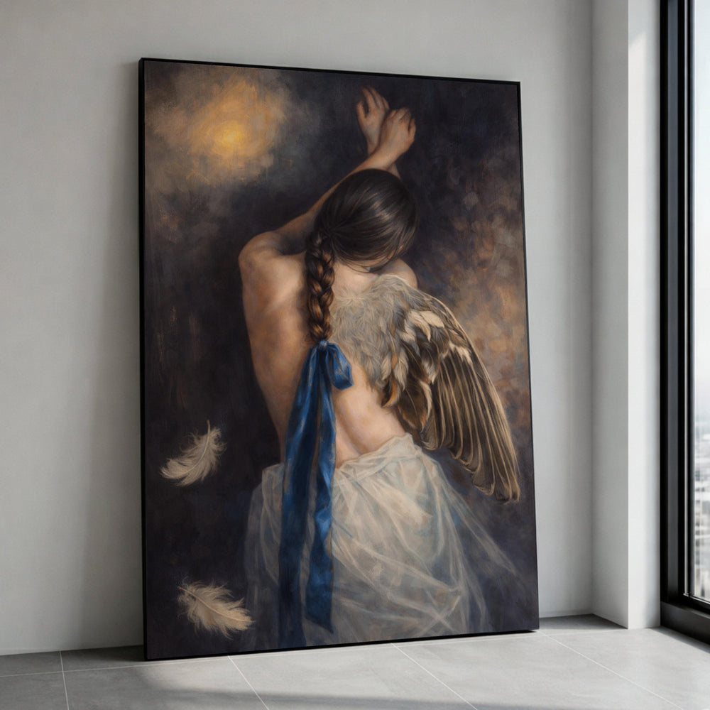 Ethereal Angel Back View Canvas, Woman with Wings and Blue Ribbon, Fantasy Wall Art, Soft Feather Details, Mystical Home Canvas Print Art