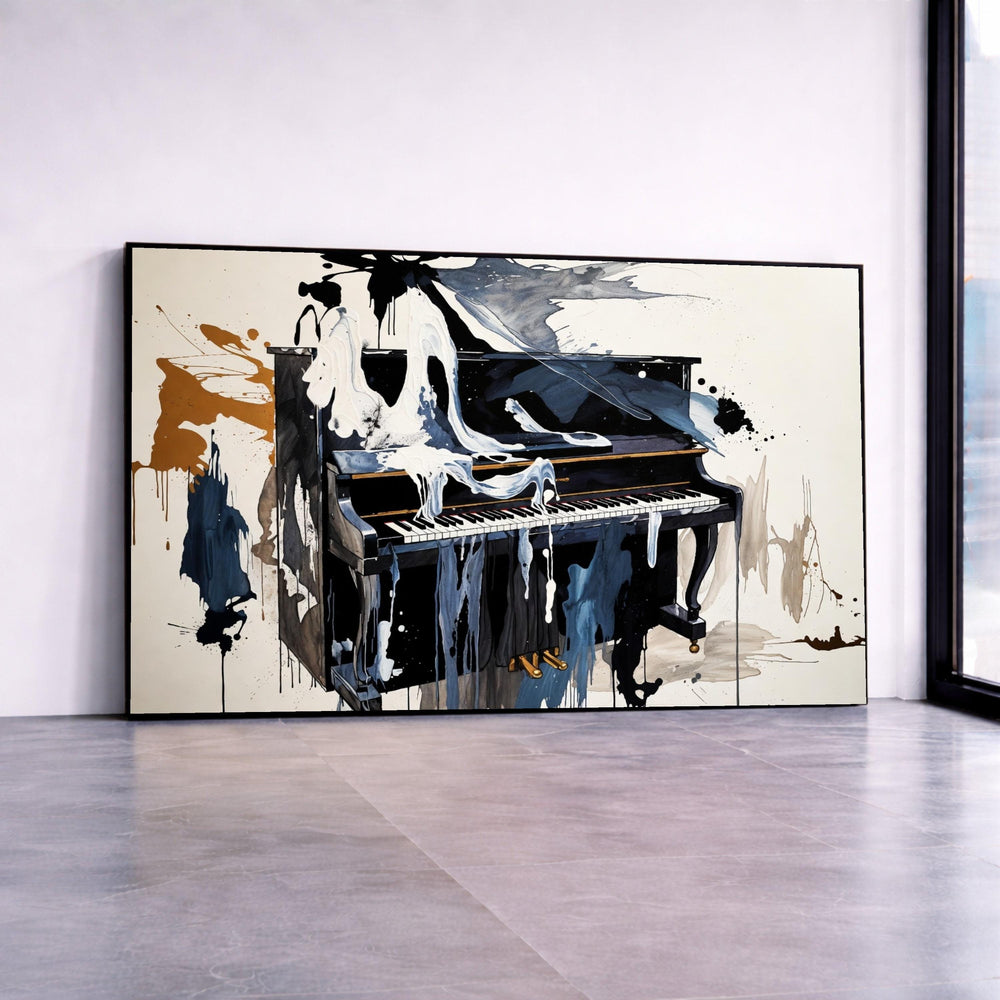 Abstract Piano Canvas Wall Art, Modern Music Theme, Dripping Paint Effect, Black and White Musical Decor, Artistic Home Canvas Print Art