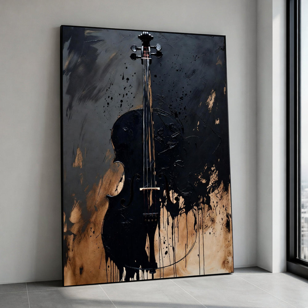 Abstract Black Violin Canvas Wall Art, Modern Musical Instrument Painting, Contemporary Music Decor, Dripping Paint Art, Canvas Print Art
