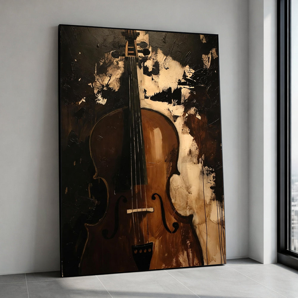 Vintage Cello Canvas Wall Art, Abstract Music Instrument Painting, Brown and Black Musical Decor, Artistic Canvas, Modern Canvas Print Art