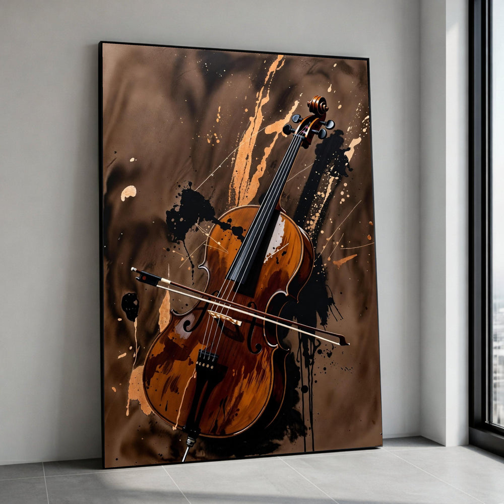 Vintage Cello Canvas Wall Art, Musical Instrument Painting, Abstract Brown Splash Background, Classical Music Decor, Ready Canvas Print Art