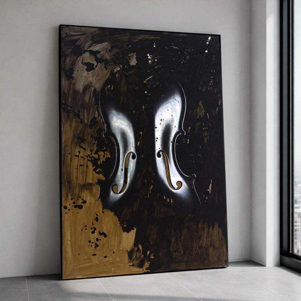 Abstract Violin Reflection Canvas, Musical Instrument Art, Dark Brown Black Music Wall Decor, Modern Home Decoration Canvas Print Art