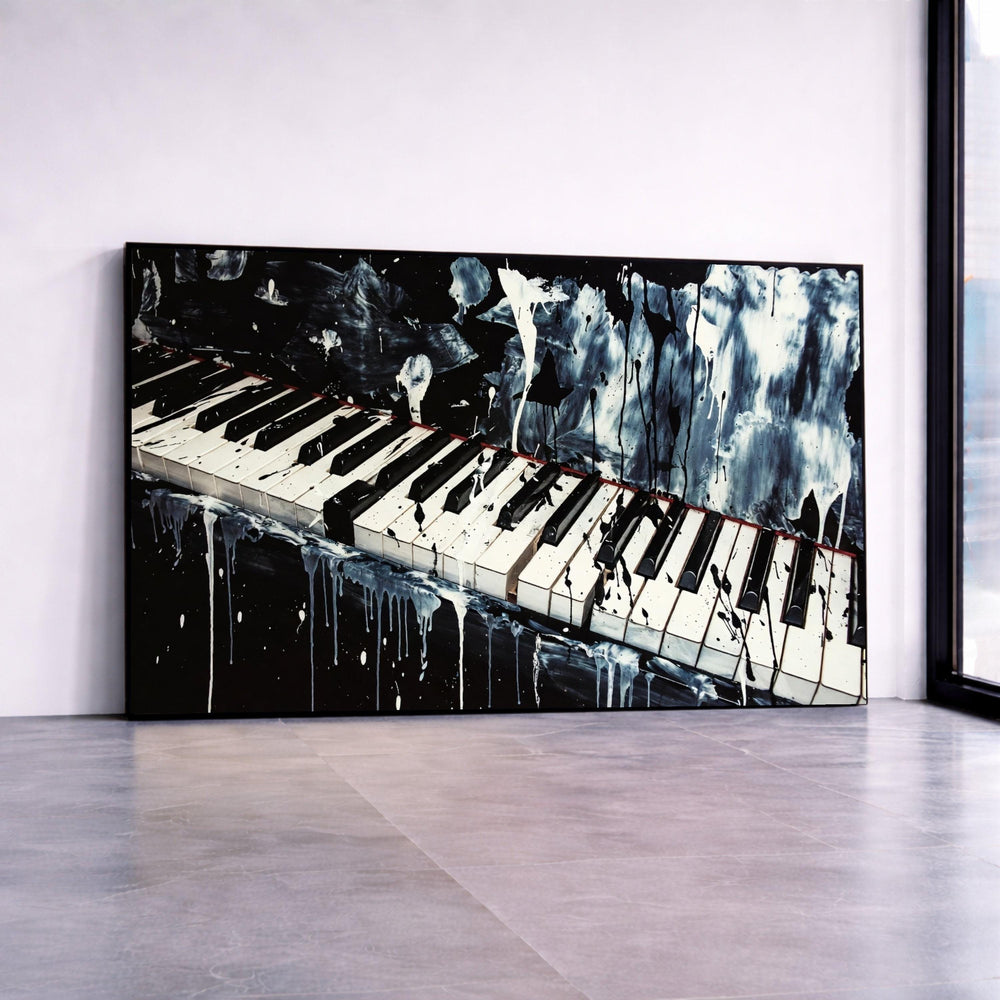 Abstract Piano Art Canvas, Black and White Music Theme, Modern Drip Paint Design, Creative Wall Art, Home Music Decor, Canvas Print Art