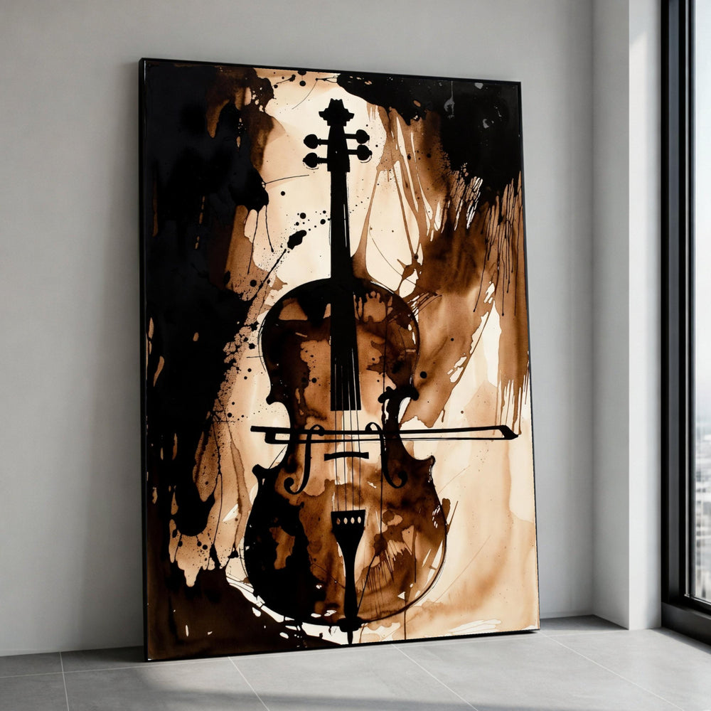 Abstract Violin Canvas Wall Art, Musical Instrument Painting, Brown Ink Splash Design, Music Lover Home Decor, Artistic Canvas Print Art