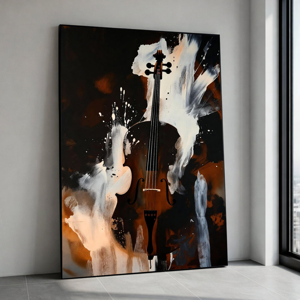 Elegant Violin Abstract Canvas, Musical Instrument Wall Art, Brown and White Modern Painting, Music Lover Home Decor, Ready Canvas Print Art