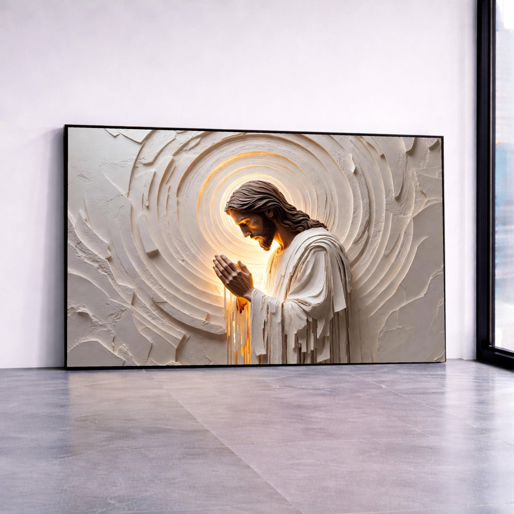 Praying Jesus Sculpture Canvas Wall Art, Spiritual Christian Decor, Inspirational Religious Canvas, Divine Light Artwork, Canvas Print Art