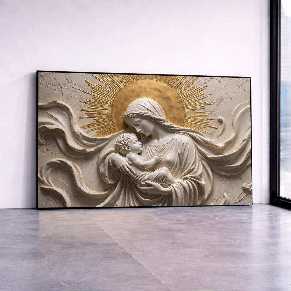 Madonna and Child Relief Art, Religious Canvas Wall Art, Sacred Mother and Baby Jesus Decor, Renaissance Style Home Canvas Print Art