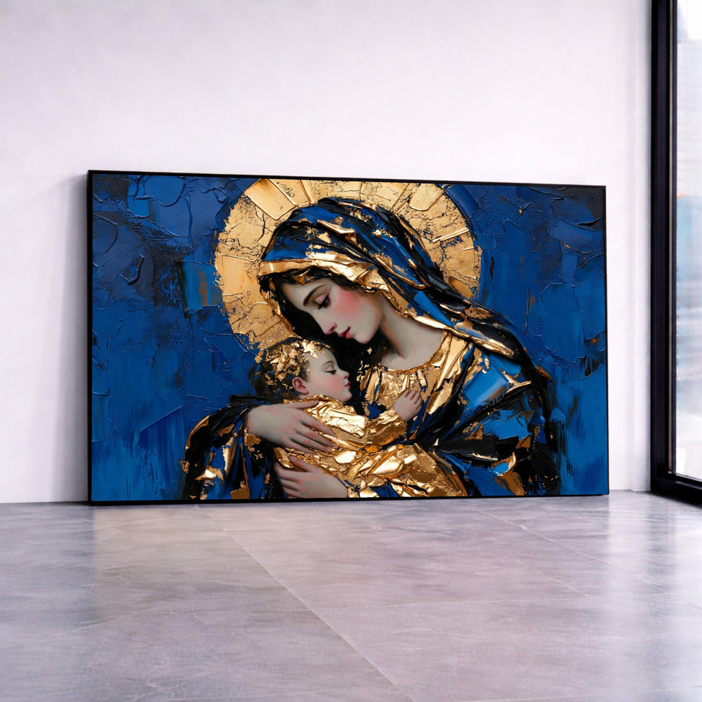 Elegant Madonna and Child Canvas, Religious Wall Art, Blue and Gold Painting, Inspirational Home Decor, Sacred Motherhood Canvas Print Art