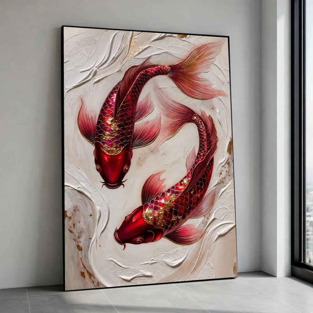 Elegant Red Koi Fish Canvas Wall Art, Japanese Carp Painting, Gold Accent Fish Decor, Floral Water Canvas Design, Ready to Canvas Print Art