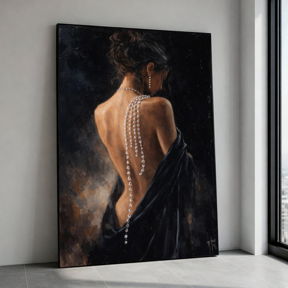 Elegant Woman Back Portrait Canvas, Pearl Necklace Wall Art, Sensual Figure Painting