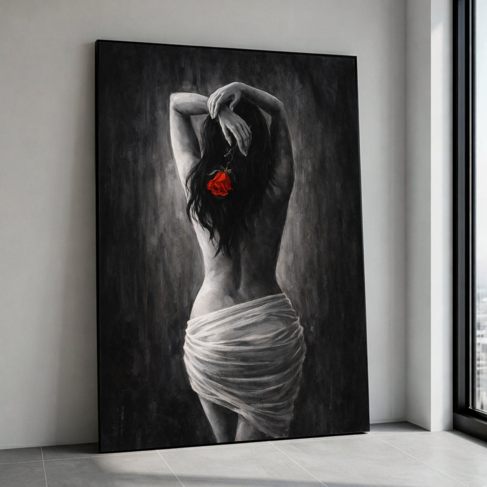 Elegant Nude Woman with Red Rose Canvas, Black and White Figurative Wall Art, Sensual Artistic Canvas, Modern Home Canvas Print Art