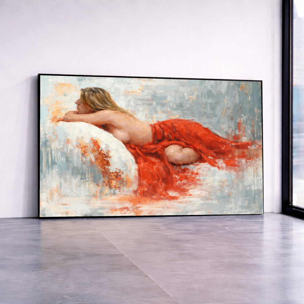 Relaxed Nude Woman Reclining Canvas, Red Draped Figure Art, Impressionist Female Portrait, Modern Wall Decor, Sensual Canvas Print Art