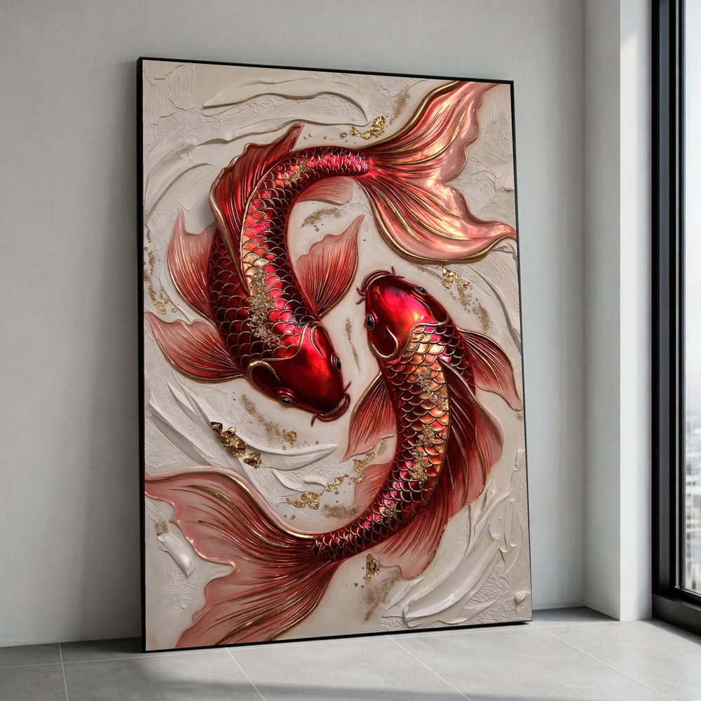 Elegant Red Koi Fish Canvas Wall Art, Metallic Fish Illustration, Feng Shui Home Decor, Asian Style Canvas, Living Room Canvas Print Art