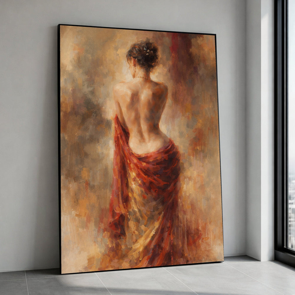 Elegant Woman Back View Canvas, Impressionist Female Portrait, Warm Tones Wall Art, Figurative Canvas Painting, Bedroom Canvas Print Art
