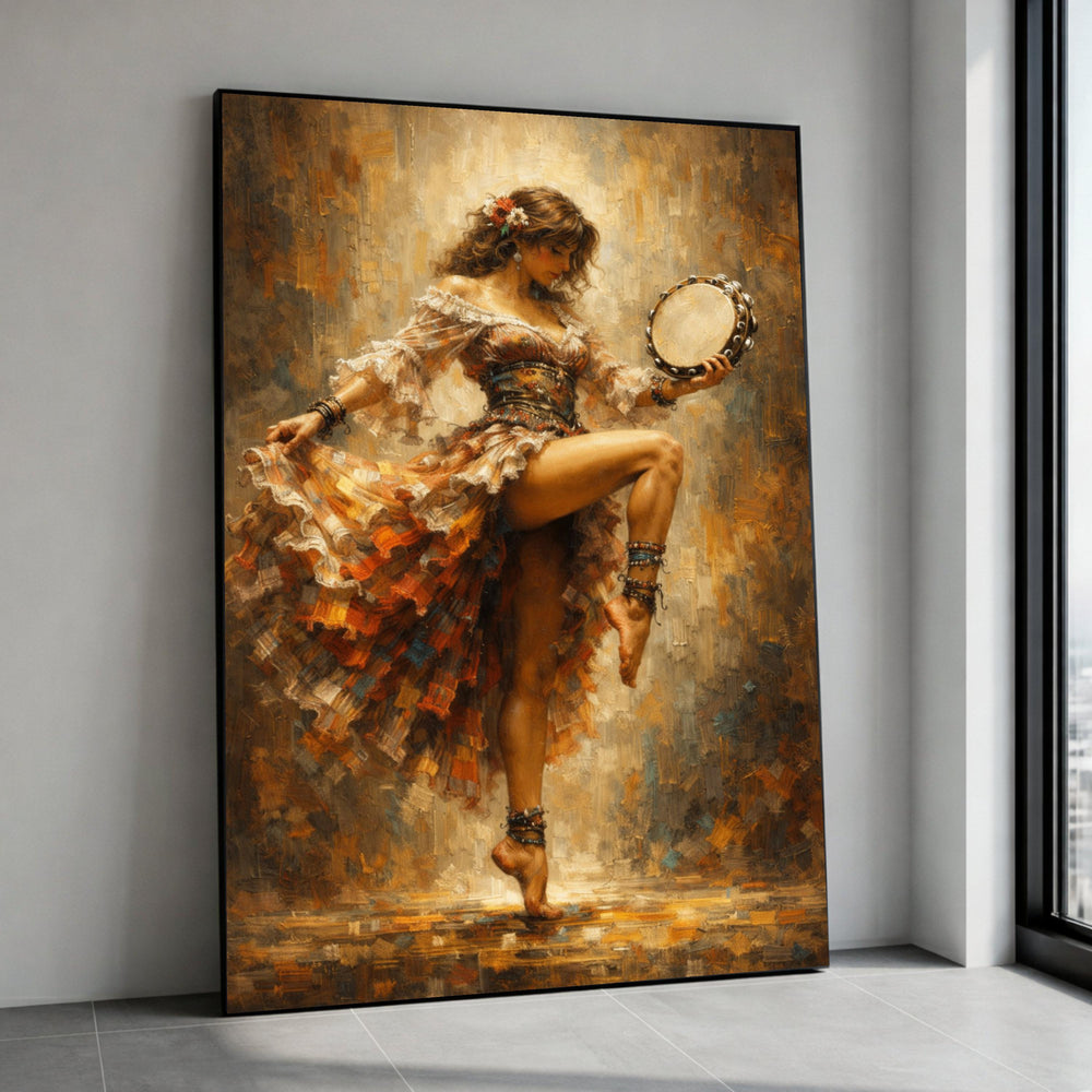 Flamenco Dance Woman Canvas Wall Art, Boho Gypsy Style Painting, Ethnic Costume Canvas Print, Vibrant Tango Movement, Ready Canvas Print Art