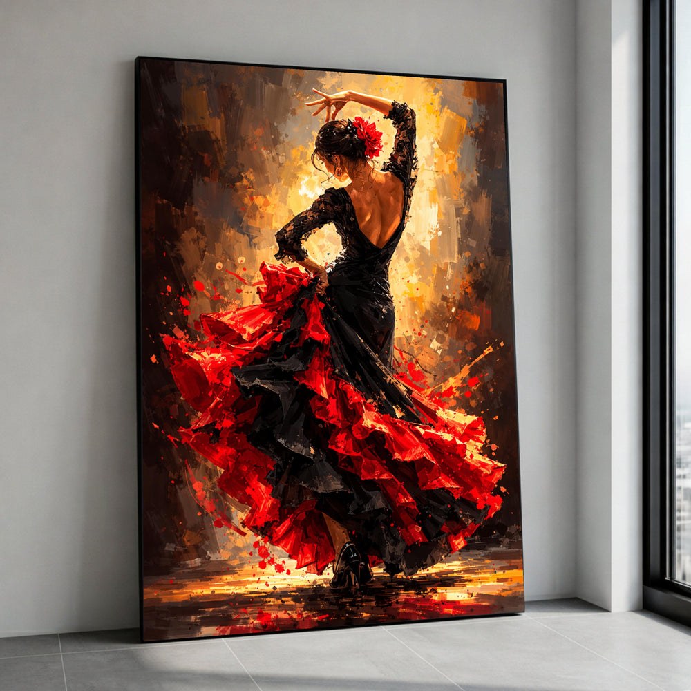 Elegant Flamenco Dancer Canvas, Spanish Dance Art, Red and Black Dress, Vibrant Wall Decor, Passionate Motion Painting, Canvas Print Art